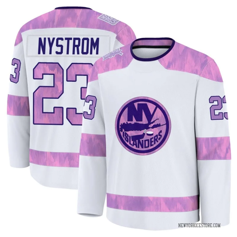 White Youth Bob Nystrom New York Islanders Premium 2024 Hockey Fights Cancer Practice Jersey