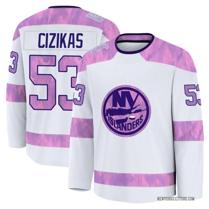 White Youth Casey Cizikas New York Islanders Premium 2024 Hockey Fights Cancer Practice Jersey