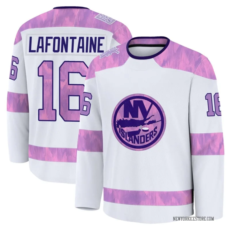 White Youth Pat LaFontaine New York Islanders Premium 2024 Hockey Fights Cancer Practice Jersey