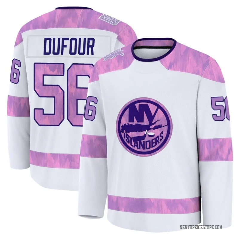 White Youth William Dufour New York Islanders Premium 2024 Hockey Fights Cancer Practice Jersey