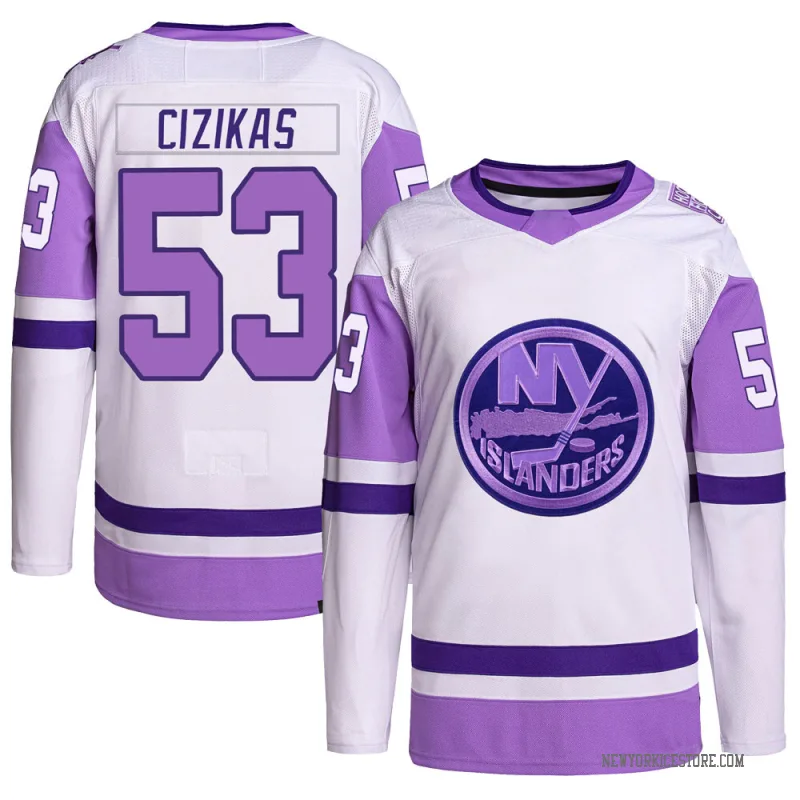 White/Purple Men's Casey Cizikas New York Islanders Authentic Hockey Fights Cancer Primegreen Jersey